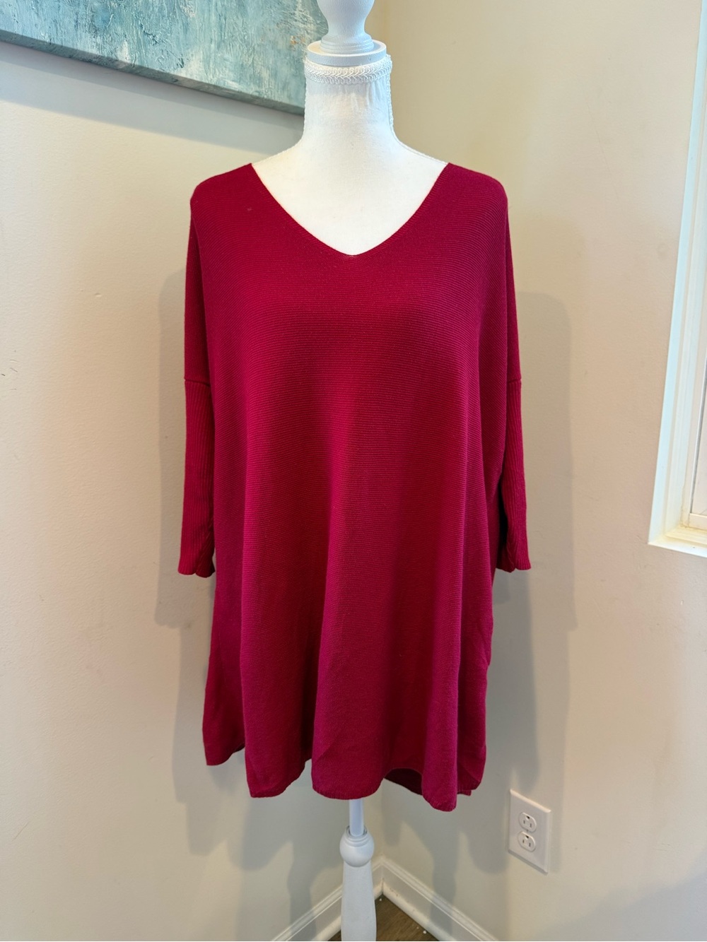 Eileen Fisher Red V-Neck Oversized Dolan Sweater 100% Cotton Medium